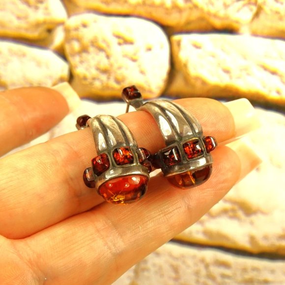 OOAK AMBER 925 SILVER HUGGIE EARRINGS with OMEGA BACKINGS, UNIQUE GIFT FOR WOMEN - Picture 3 of 12